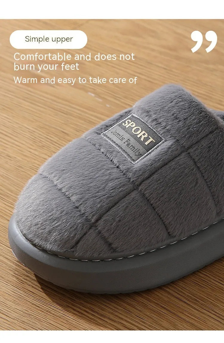Men's grey plaid winter slippers with thick sole and rabbit hair upper.