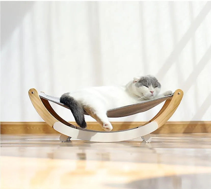Solid wood cat bed with grey cloth cushion and anti-slip mat base, raised off-ground design