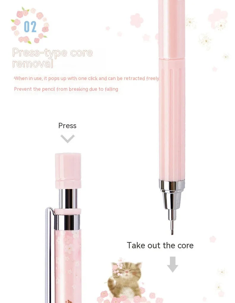 Cartoon sakura design automatic pencil set with three pencils and boxes of HB refills.
