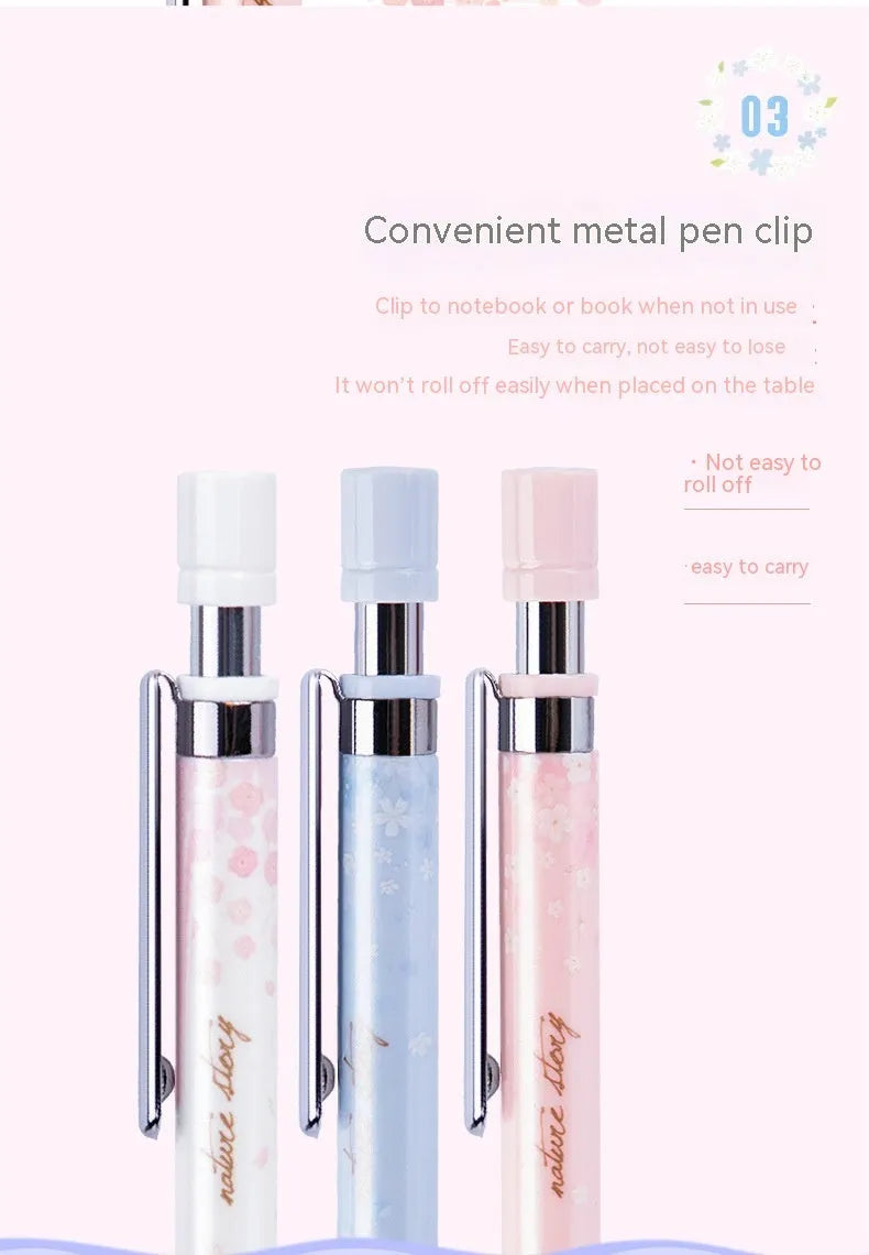 Cartoon sakura design automatic pencil set with three pencils and boxes of HB refills.