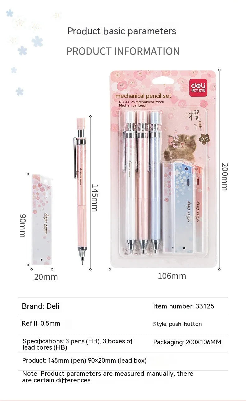 Cartoon sakura design automatic pencil set with three pencils and boxes of HB refills.