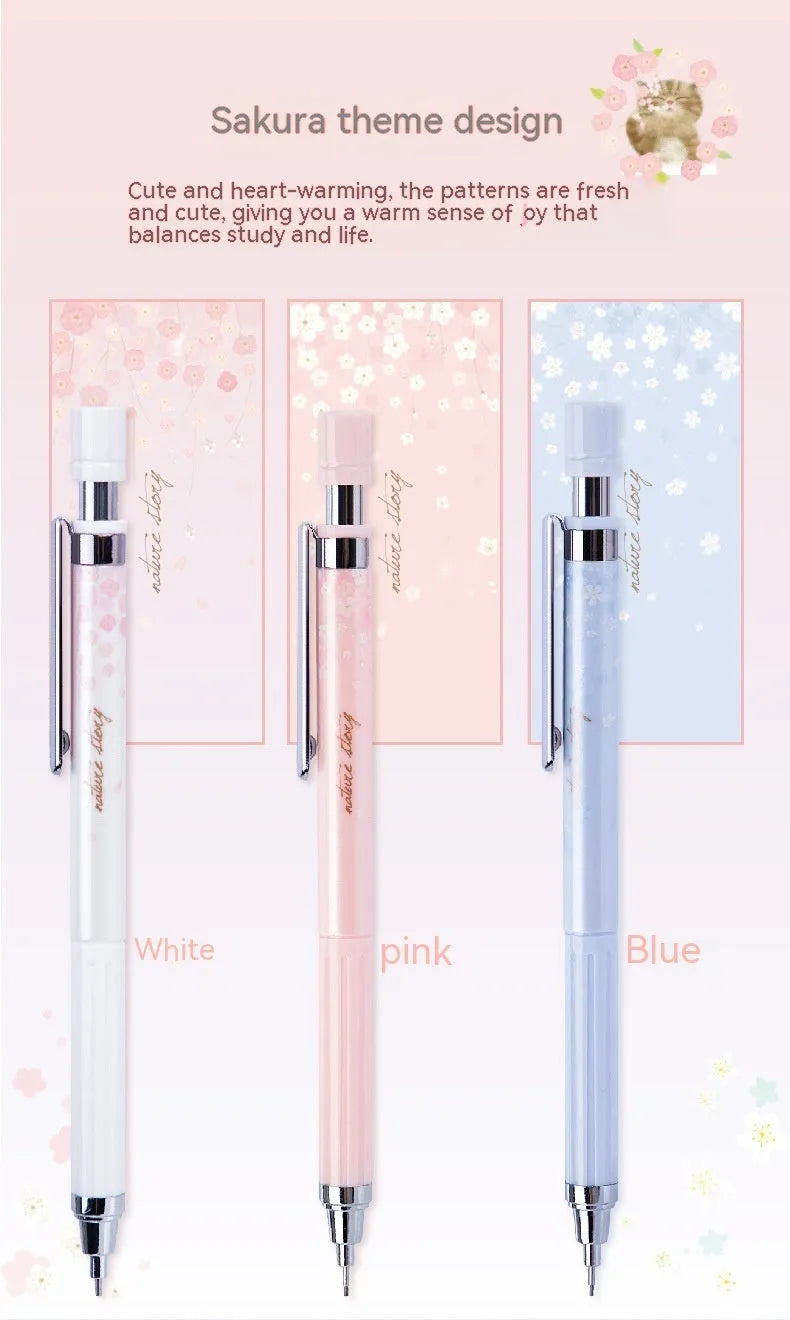 Cartoon sakura design automatic pencil set with three pencils and boxes of HB refills.