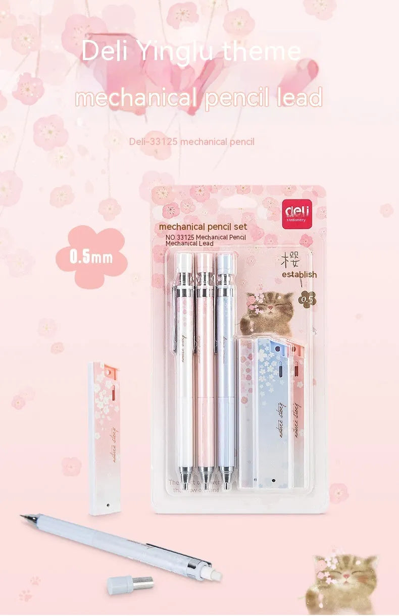 Cartoon sakura design automatic pencil set with three pencils and boxes of HB refills.