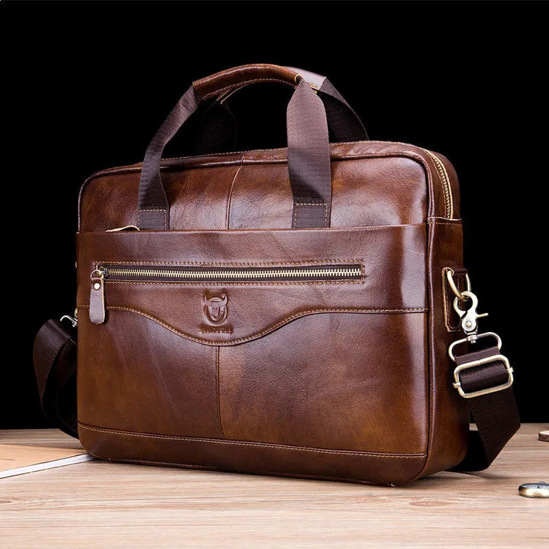 First layer cowhide leather messenger bag 14 inch multifunctional briefcase in black colour with printed casual style