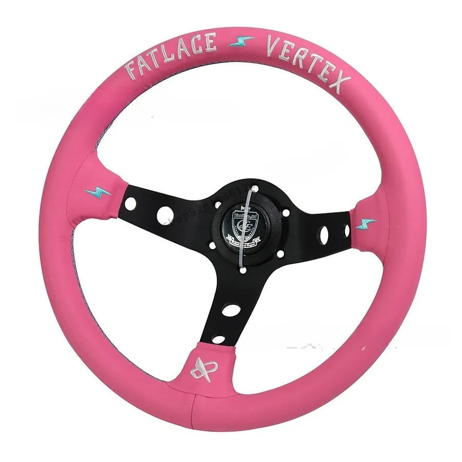 Pink leather steering wheel cover with embroidery, showing aluminium bracket