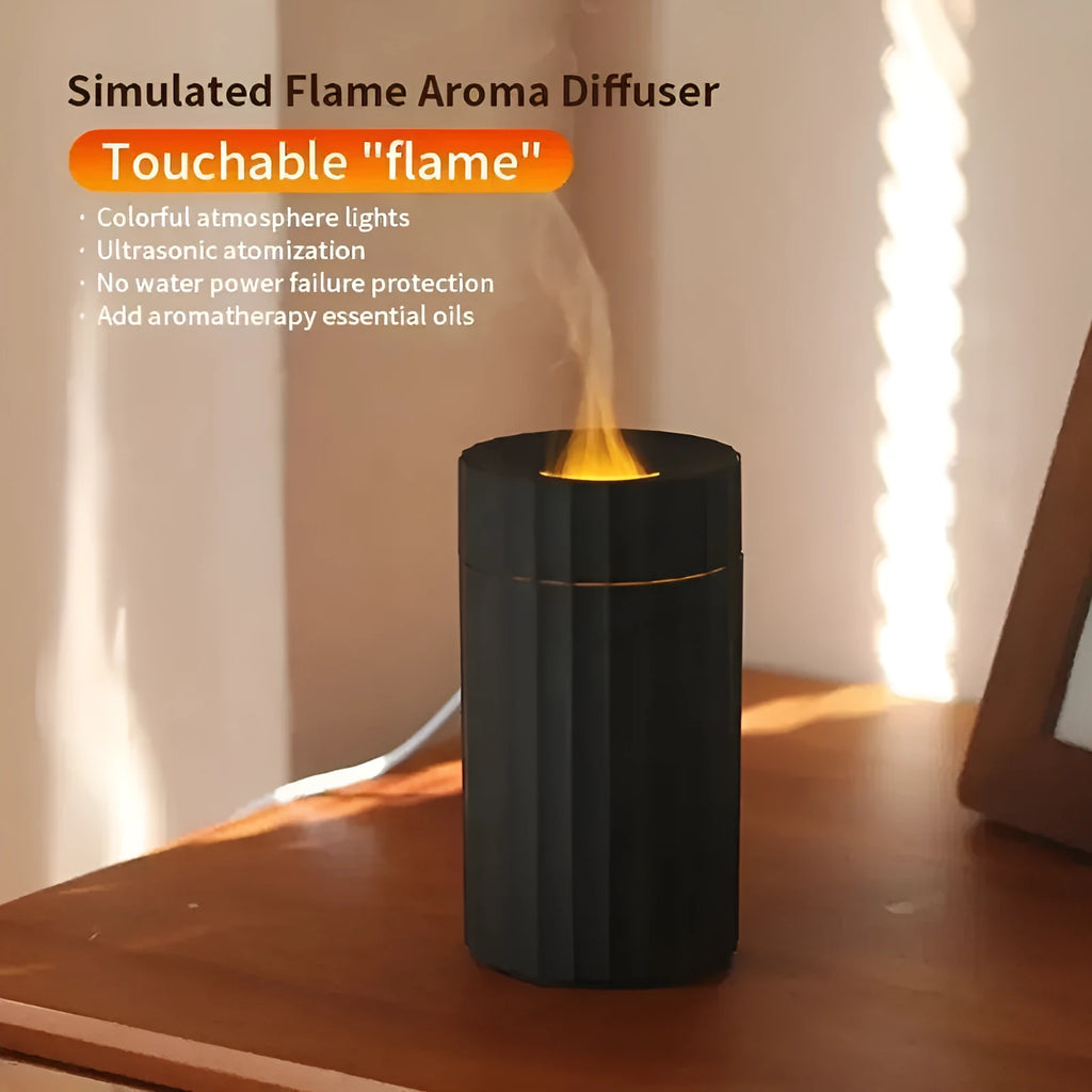 Black and white USB humidifier diffuser with simulated flame LED lights and water tank