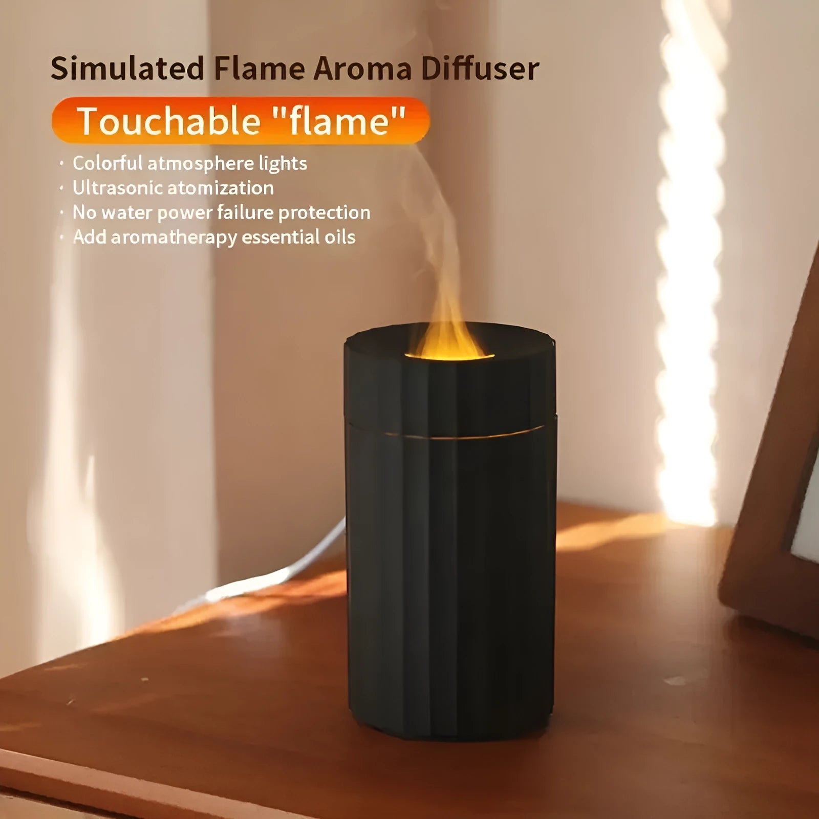 Black and white USB humidifier diffuser with simulated flame LED lights and water tank