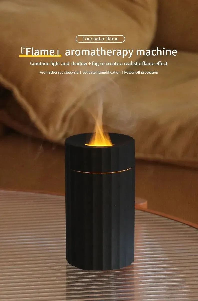 Black and white USB humidifier diffuser with simulated flame LED lights and water tank