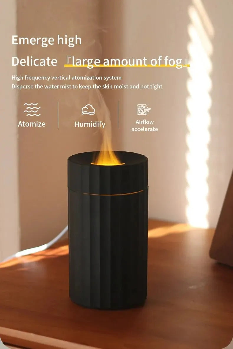 Black and white USB humidifier diffuser with simulated flame LED lights and water tank