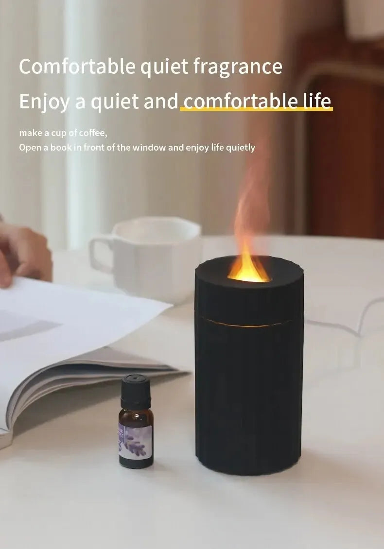 Black and white USB humidifier diffuser with simulated flame LED lights and water tank