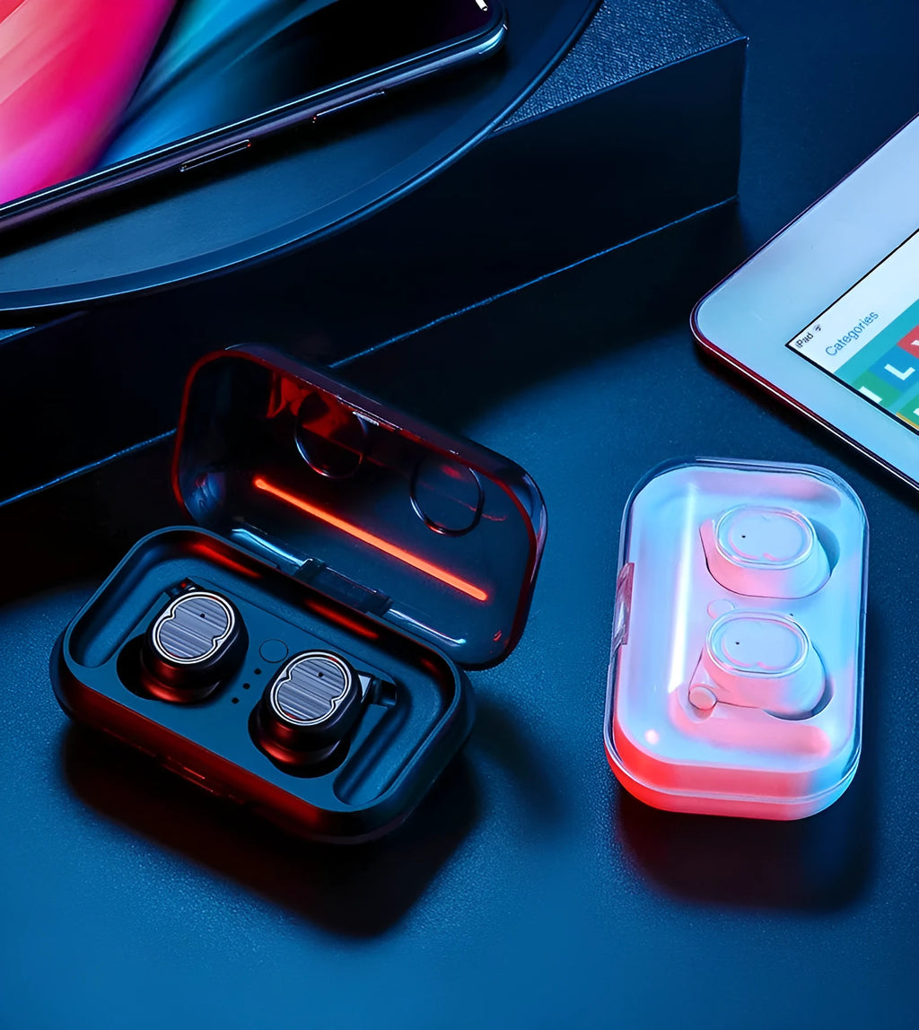 Touch control Bluetooth wireless headset with earbuds in black, white, red, or blue colours