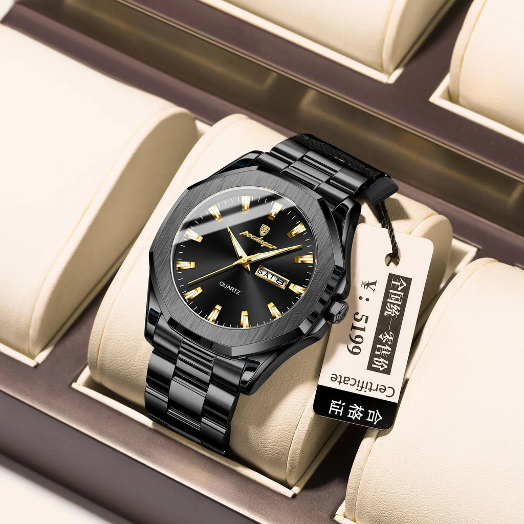 Men's quartz watch with stainless steel strap in business style with 9mm case thickness