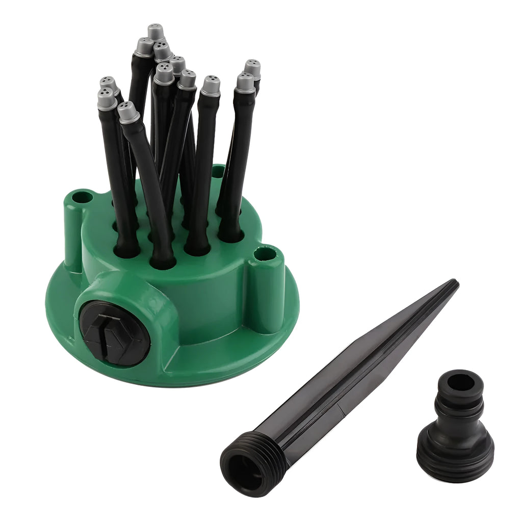 Green plastic adjustable lawn sprinkler with flexible spray noodles on 9cm base