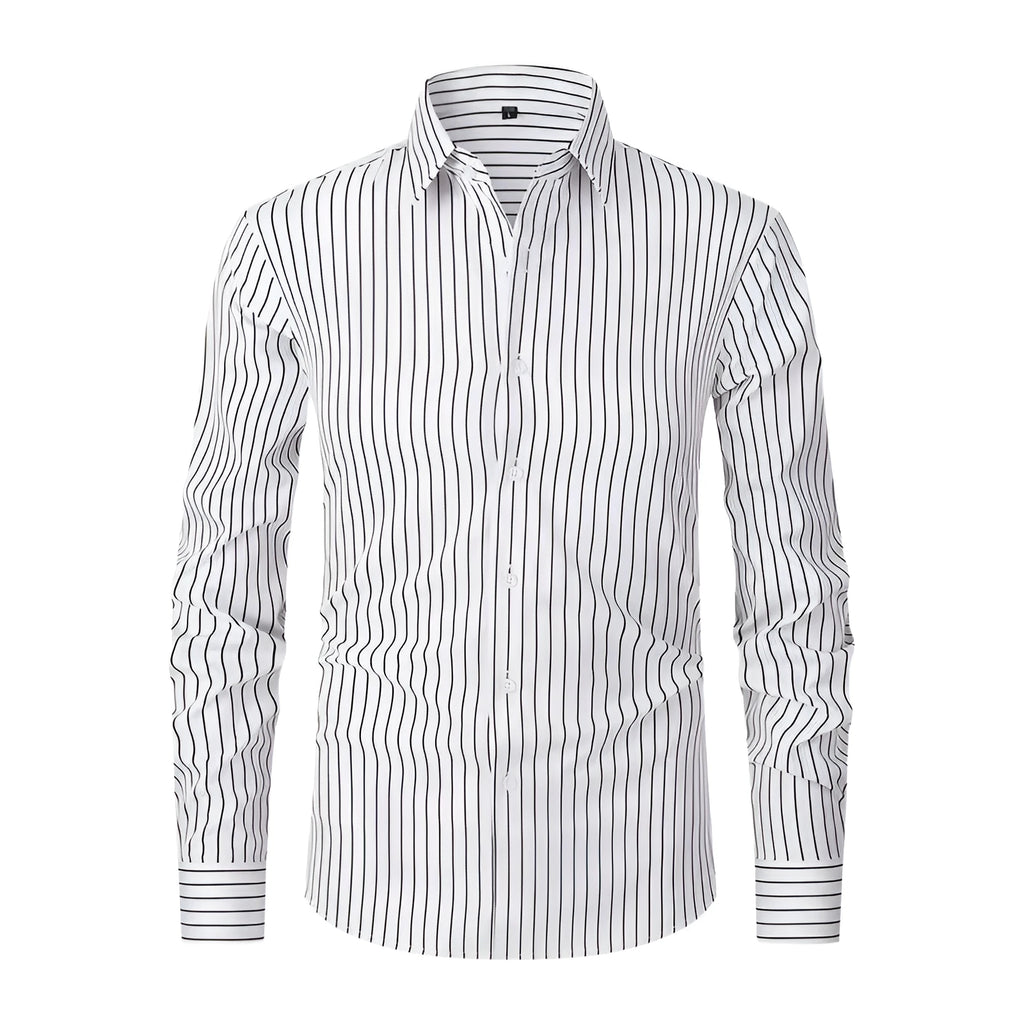 Men's slim fit striped long sleeve business shirt in ice silk fabric on a hanger.