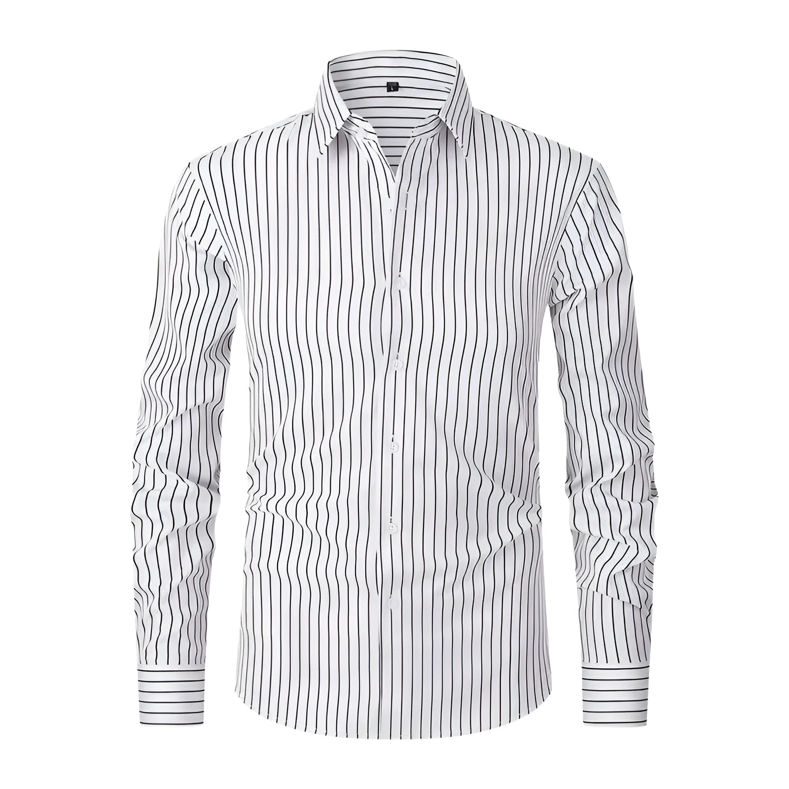 Men's slim fit striped long sleeve business shirt in ice silk fabric on a hanger.