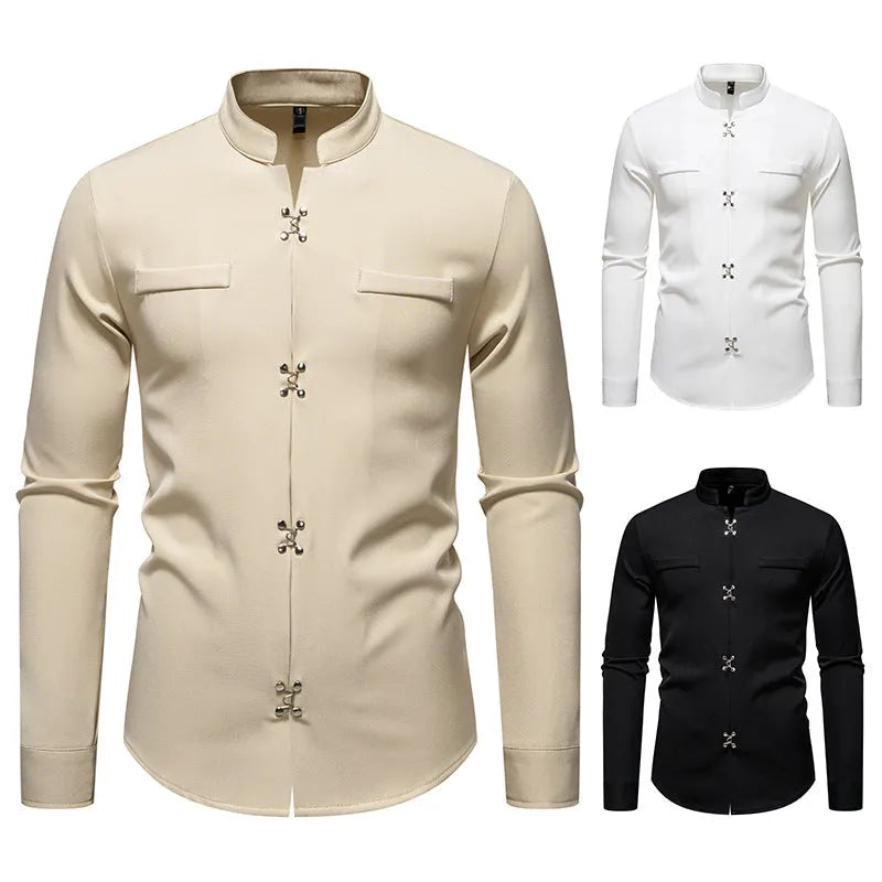 Men's long-sleeved polyester casual shirt in black, white, and khaki colours, slim fit, cardigan style