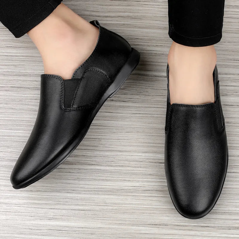 Men's black leather business shoes with round toe and breathable design