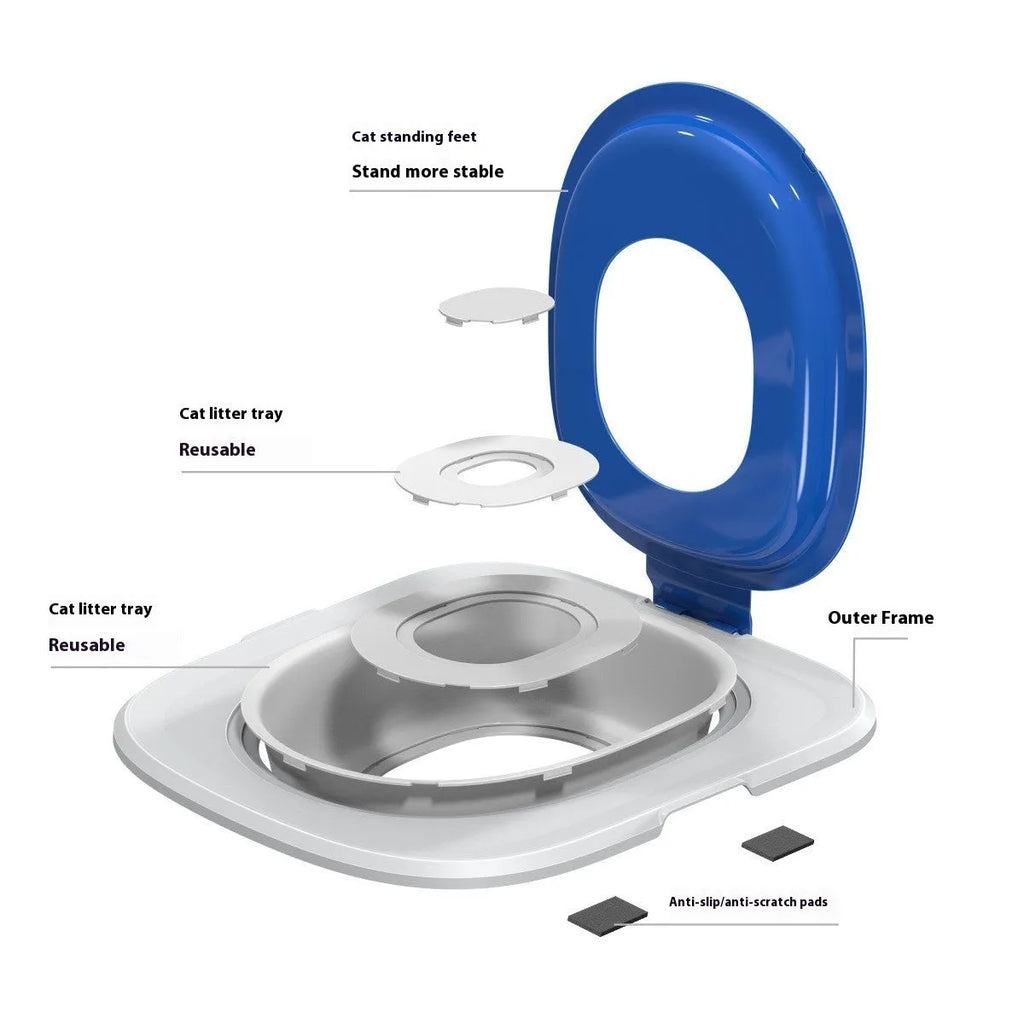 Fifth generation cat toilet trainer with anti-splash mat in blue, grey or green ABS plastic