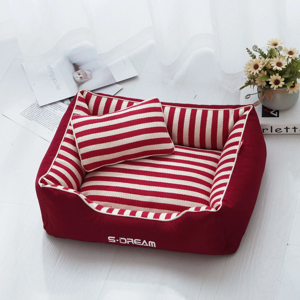 Navy stripes dog kennel mat with removable washable cover and blue mini pillow