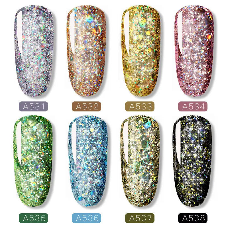 Eight 15ml colourful nail polish bottles in shades RFA531 to RFA538 with high-gloss finish