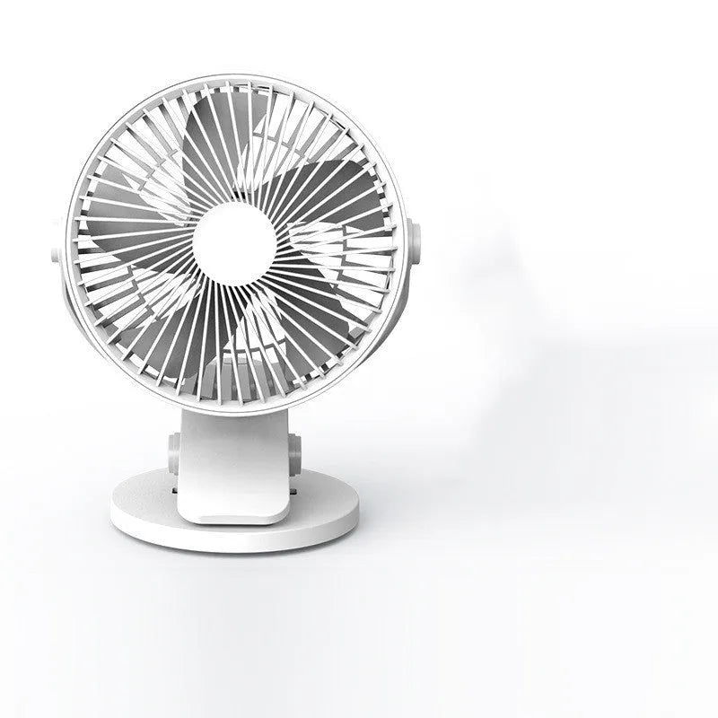USB mini clip fan in green, with 135mm blade, clipped to a desk edge, showing USB cable connection