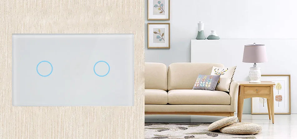 White 2-gang RF remote touch light switch with tempered glass panel and LED indicators