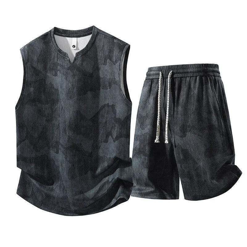 Sleeveless vest and shorts two-piece casual suit in hemp-look quick-drying fabric