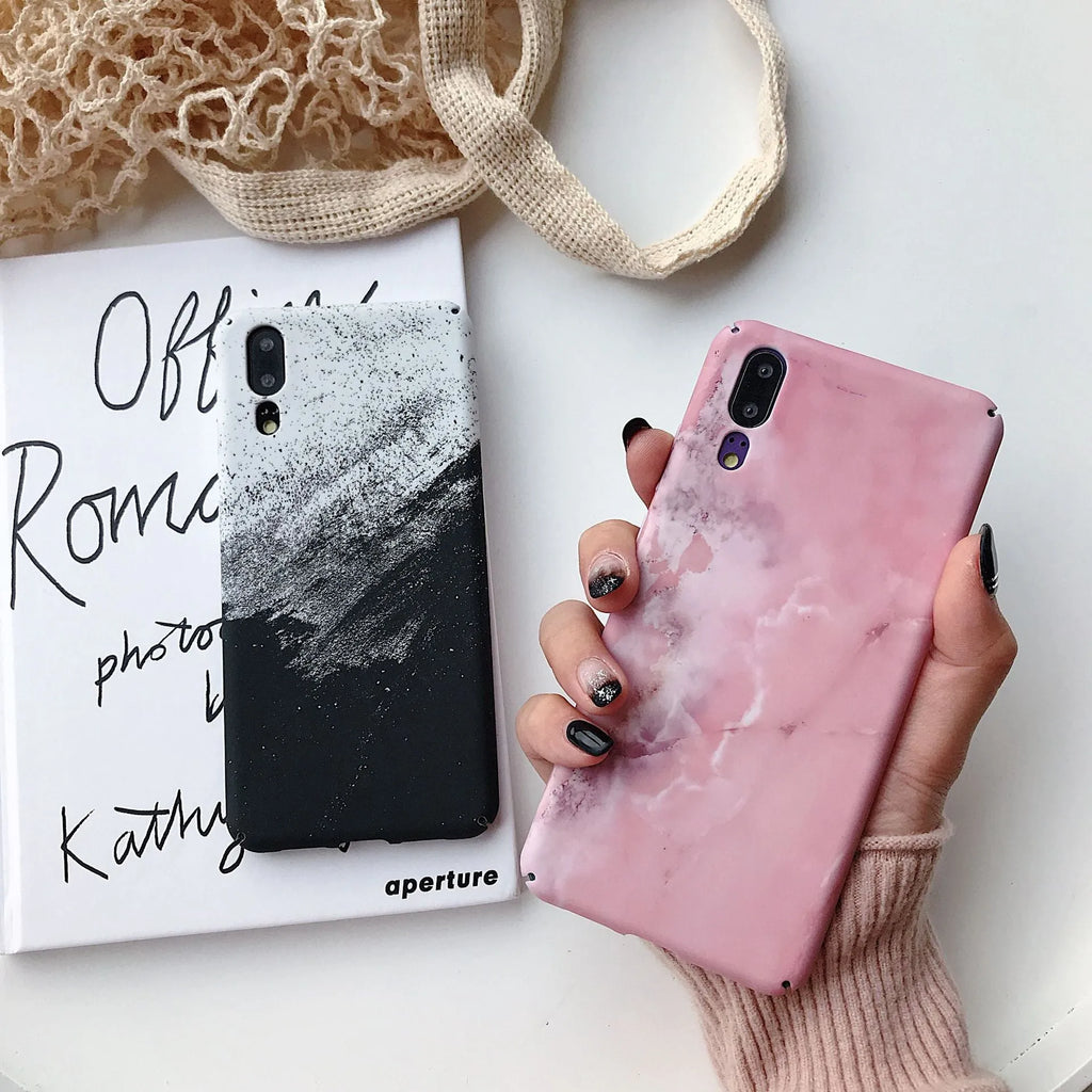 Solid colour painted phone case for Huawei and Honor smartphones in black and pink options.
