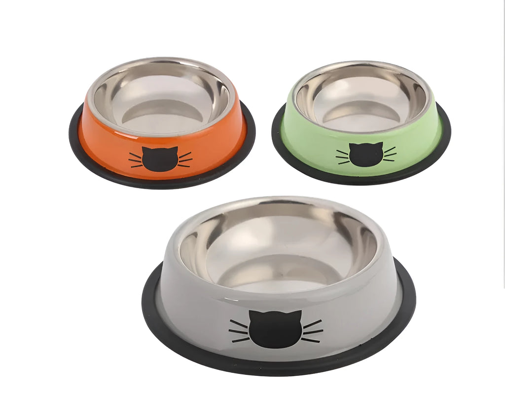 Stainless steel non-slip cat bowl set, 11.5 x 15.5 x 3.5 cm, in purple orange green multicolour