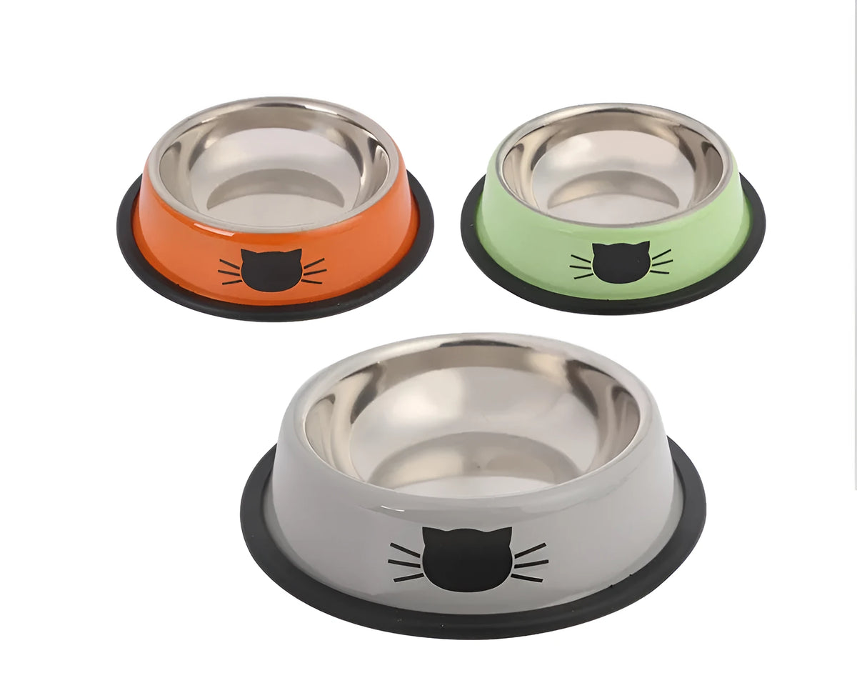 Stainless steel non-slip cat bowl set, 11.5 x 15.5 x 3.5 cm, in purple orange green multicolour