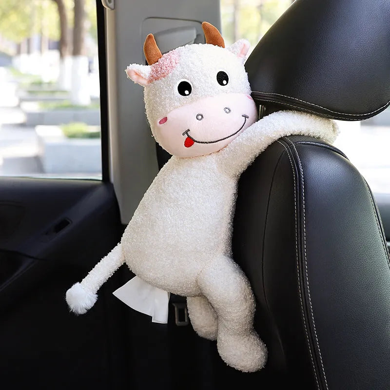 Soft plush car headrest tissue box holder in a cute animal character style.