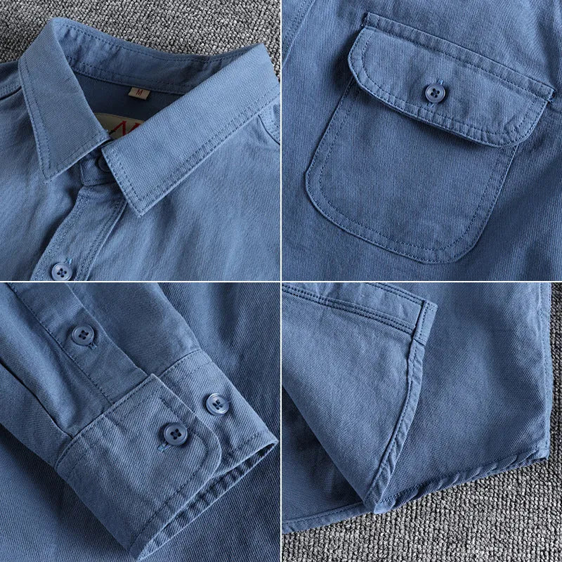 Men's solid colour cotton long sleeve shirt in cardigan style shown in light blue and white options
