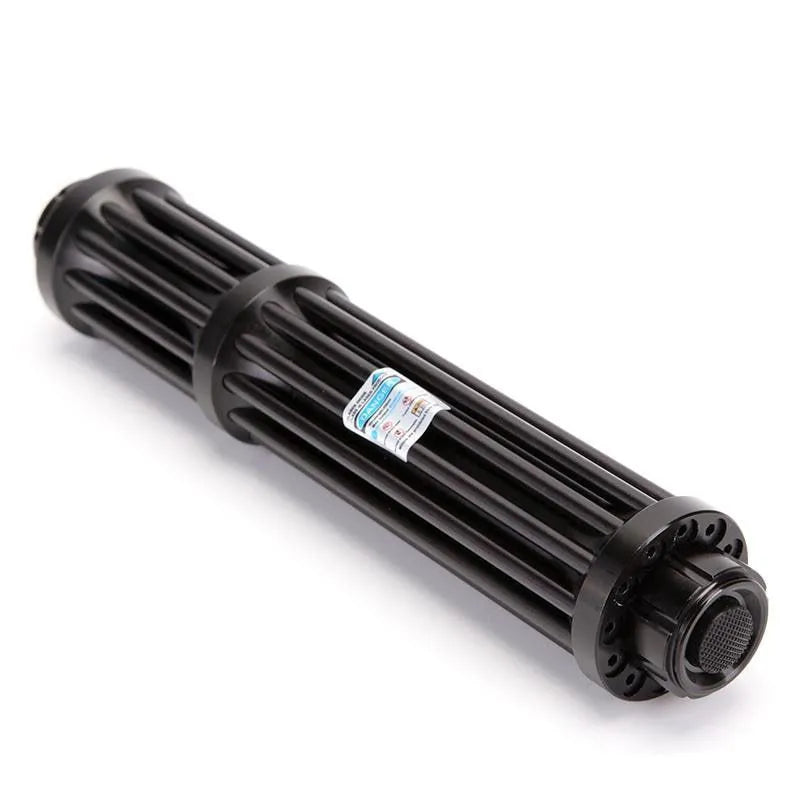 Black anodised aluminium self-defence laser flashlight with blue light beam, showing extended 168mm length