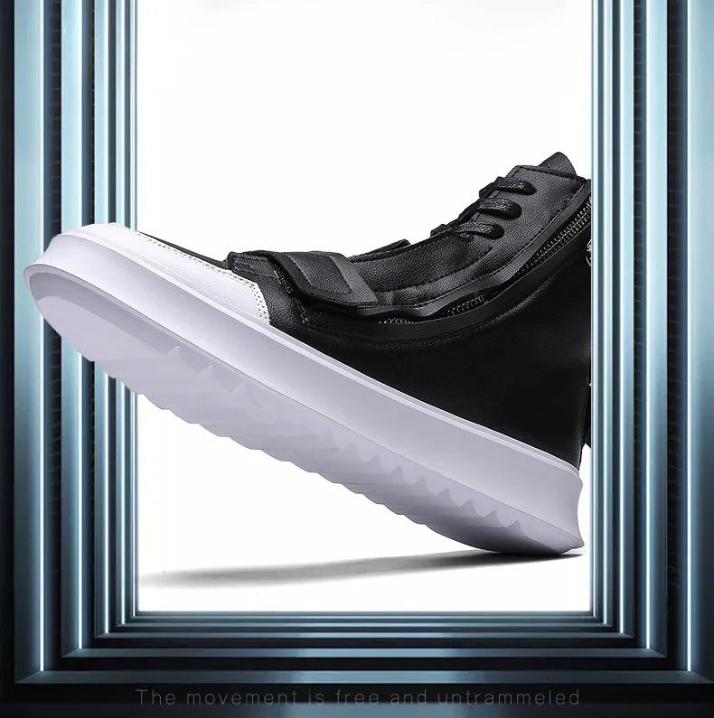 Men's black and white PU leather high-top ankle boots for winter, shown with size chart.