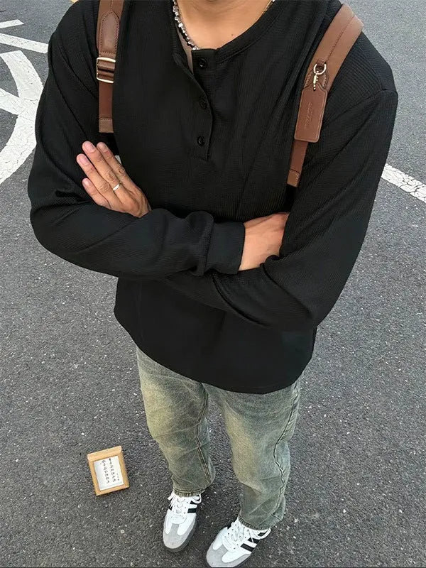 Men's long sleeve round neck pullover shirt jacket in black, loose fit, chemical fibre blend.