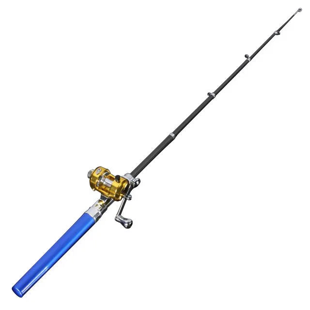 Mini portable telescopic fishing rod collapsed to 30 cm with spinning reel and black carrier bag