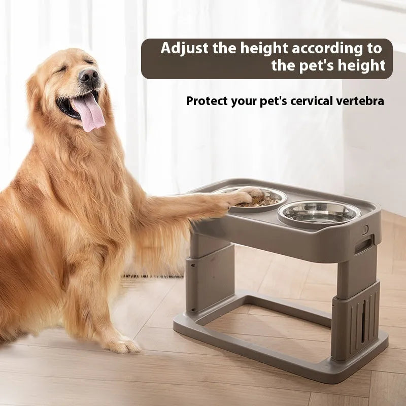 Adjustable elevated pet feeding station with plastic base and two stainless steel bowls in brown colour option