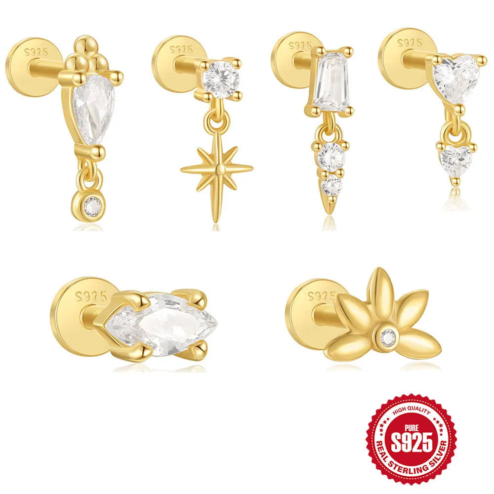 S925 sterling silver ear stud with gold electroplated finish and inlaid tassel design