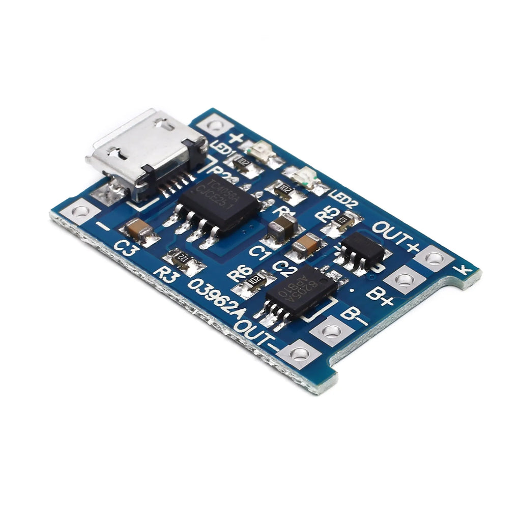 Small blue PCB for lithium battery charging and protection, showing solder pads for input, battery, and output.