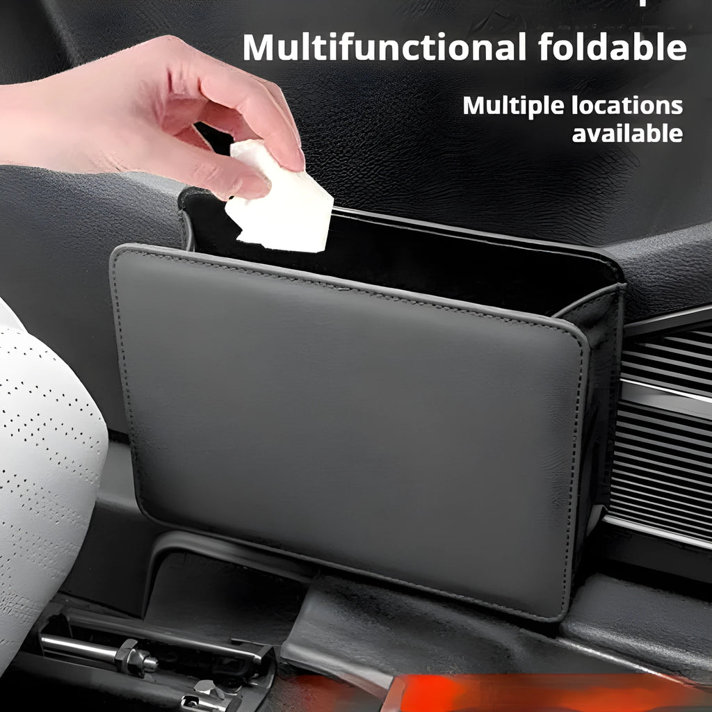 Leather car door container trash can in black, 20.5cm wide, with hanging design for door pocket storage