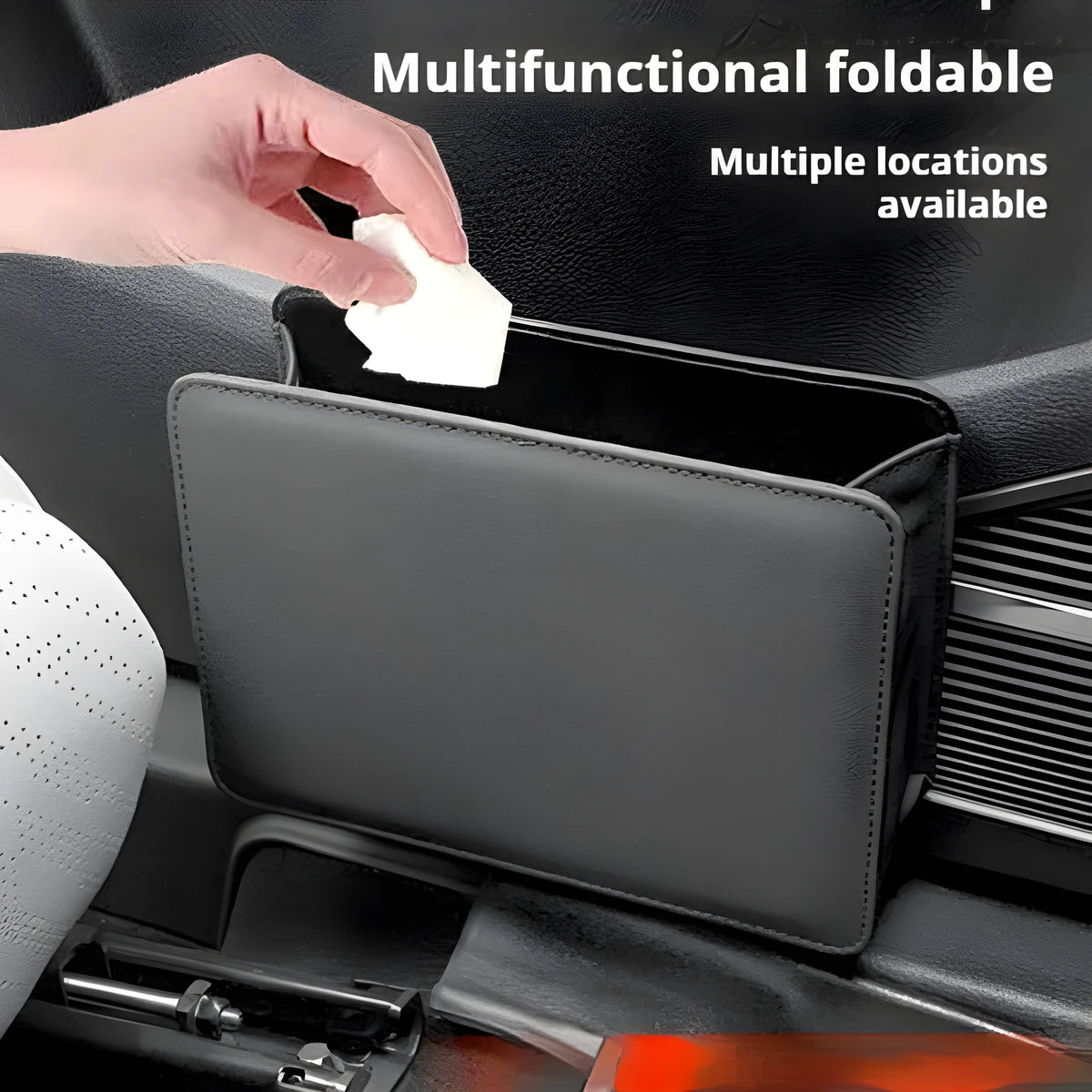 Leather car door container trash can in black, 20.5cm wide, with hanging design for door pocket storage