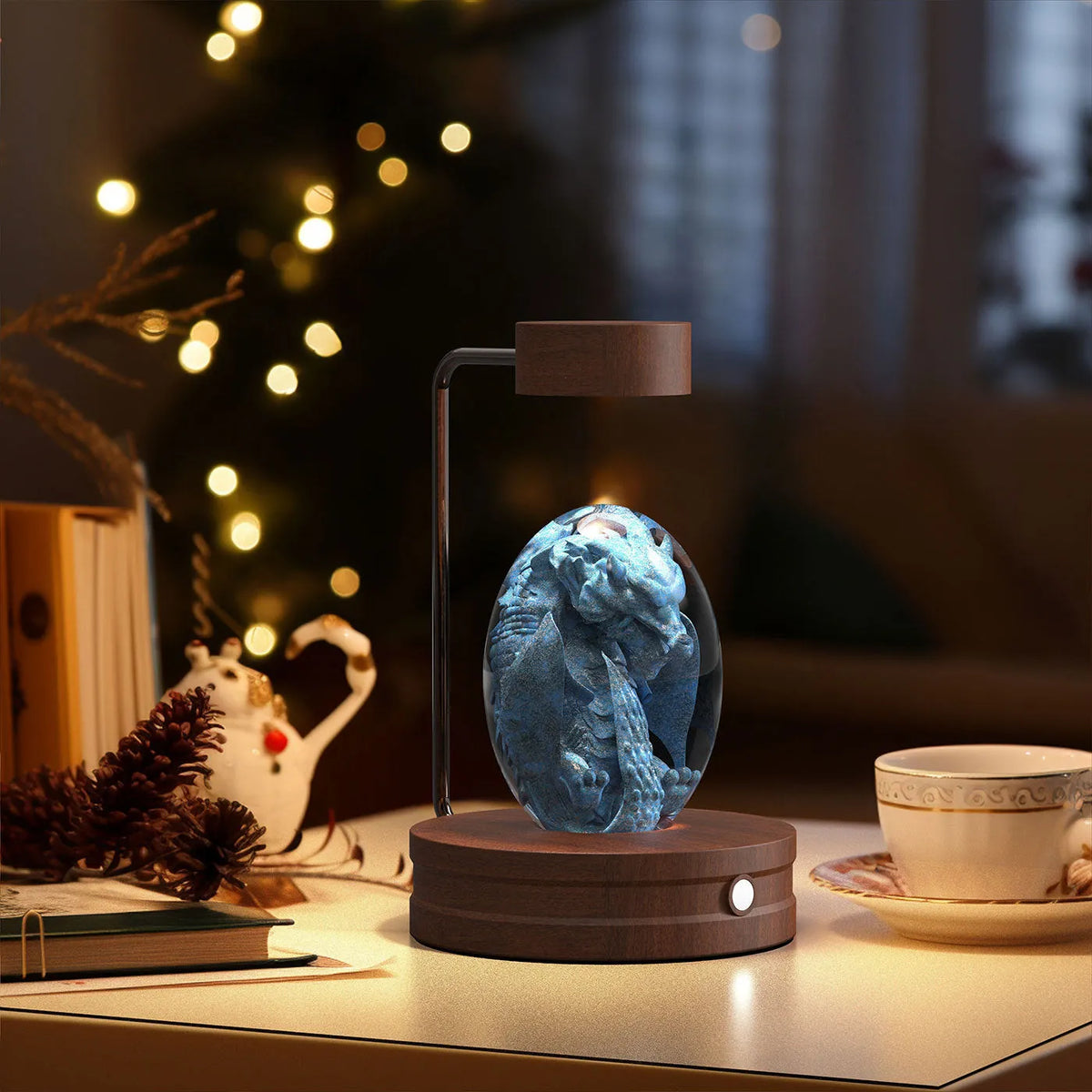 Crystal ball cosmic dinosaur indoor night light with 3D etched pattern, walnut base, and USB power cable