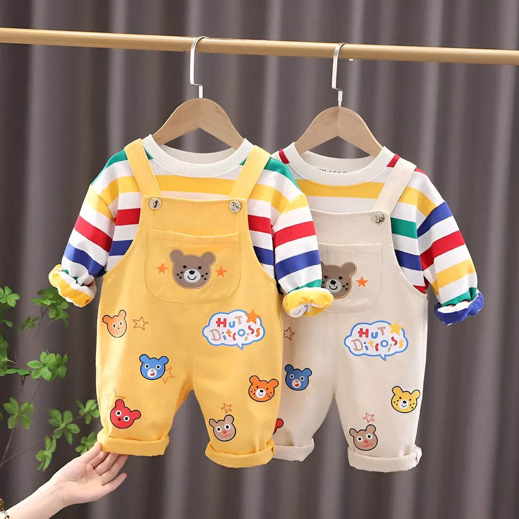 Boys' plaid cotton overalls suit with shirt and strap trousers in yellow colour