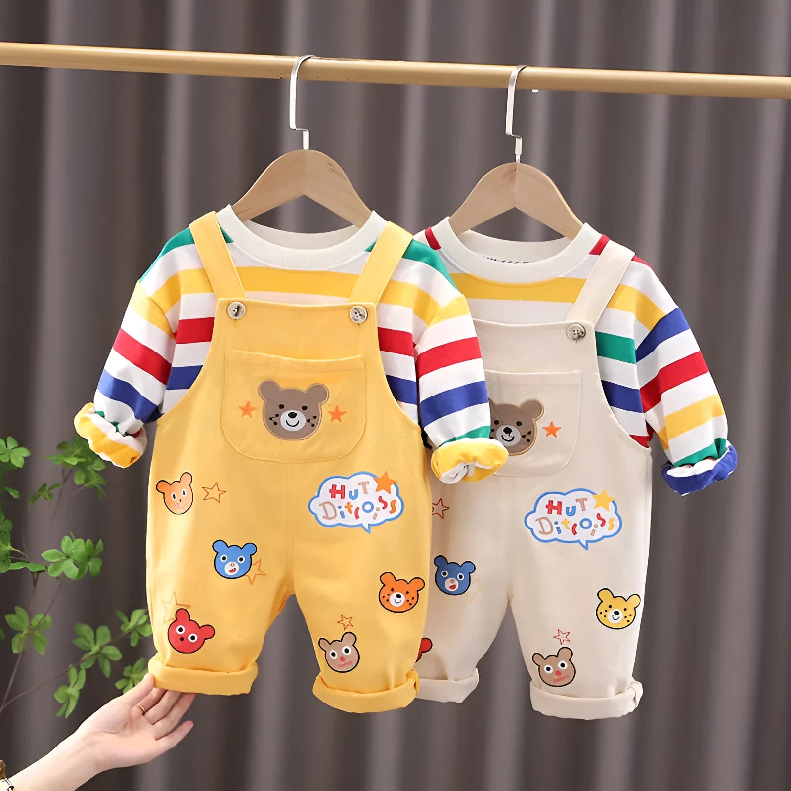 Boys' plaid cotton overalls suit with shirt and strap trousers in yellow colour
