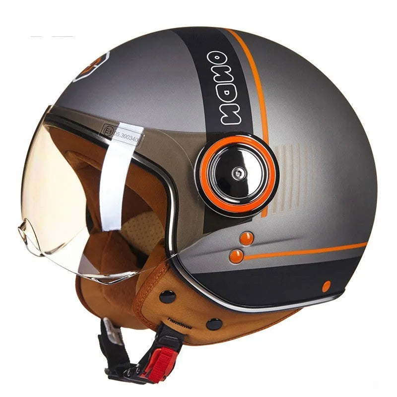 Retro battery car half helmet in ABS plastic showing colour options including bright blue red and matte black orange