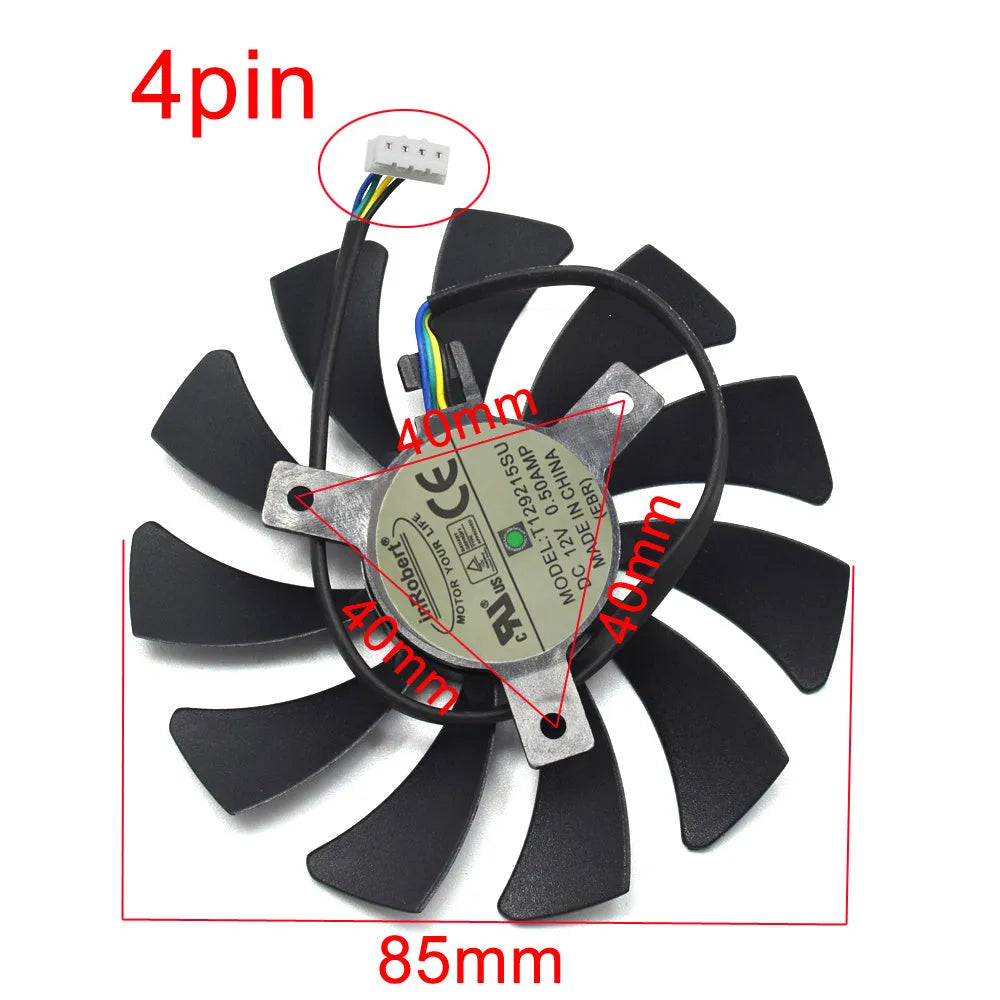 Black 85mm square PC cooling fan with four-pin PWM connector for graphics card replacement