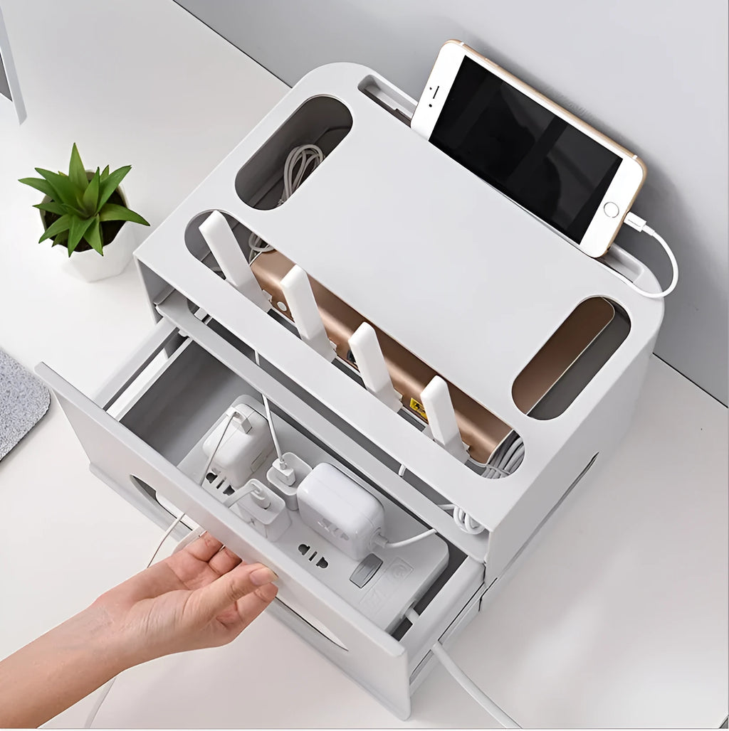 Gray and white plastic wireless router storage box with cable management compartments