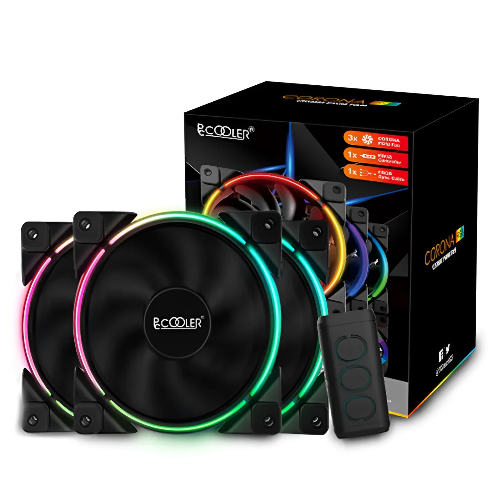 Set of three black 120mm RGB case fans for PC cooling with hydraulic bearings.