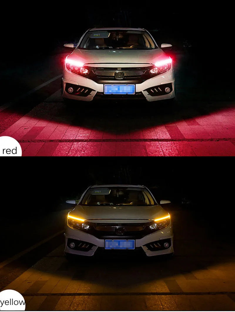 Waterproof silicone car LED daytime running light and flowing turn signal strip in multiple colours.
