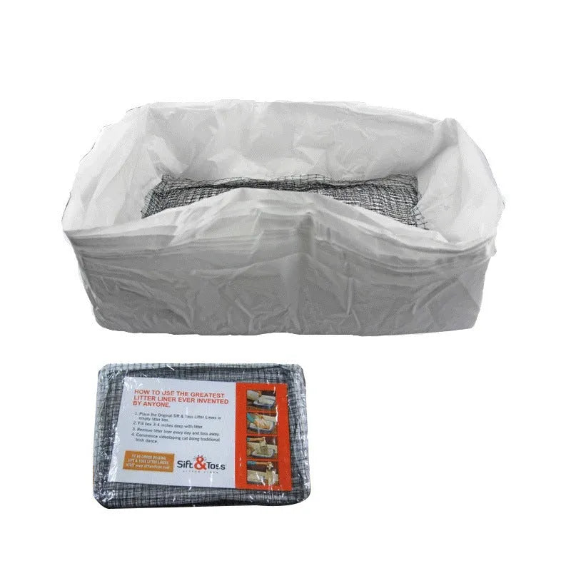 Plastic cat litter bags in S, M and L set with white mats, strainer and black garbage bags